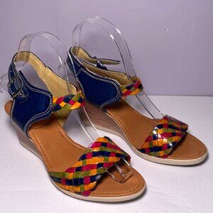 Womens Multicolor Woven Leather Ankle Strap Wedge Sandals Sz 4 Boho Indie Mexico